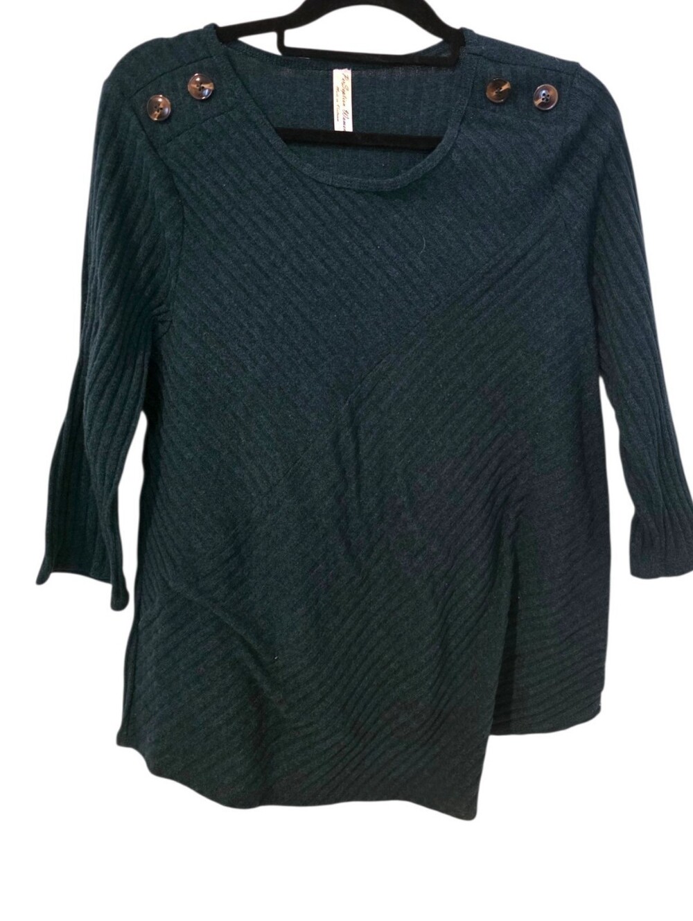 PerSeption Women’s Dark Green Button-Shoulder Ribbed Sweater 2X